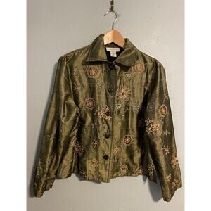 VTG Casual Studio Jacket Womens Medium Green Floral Embroidered Artsy Boho